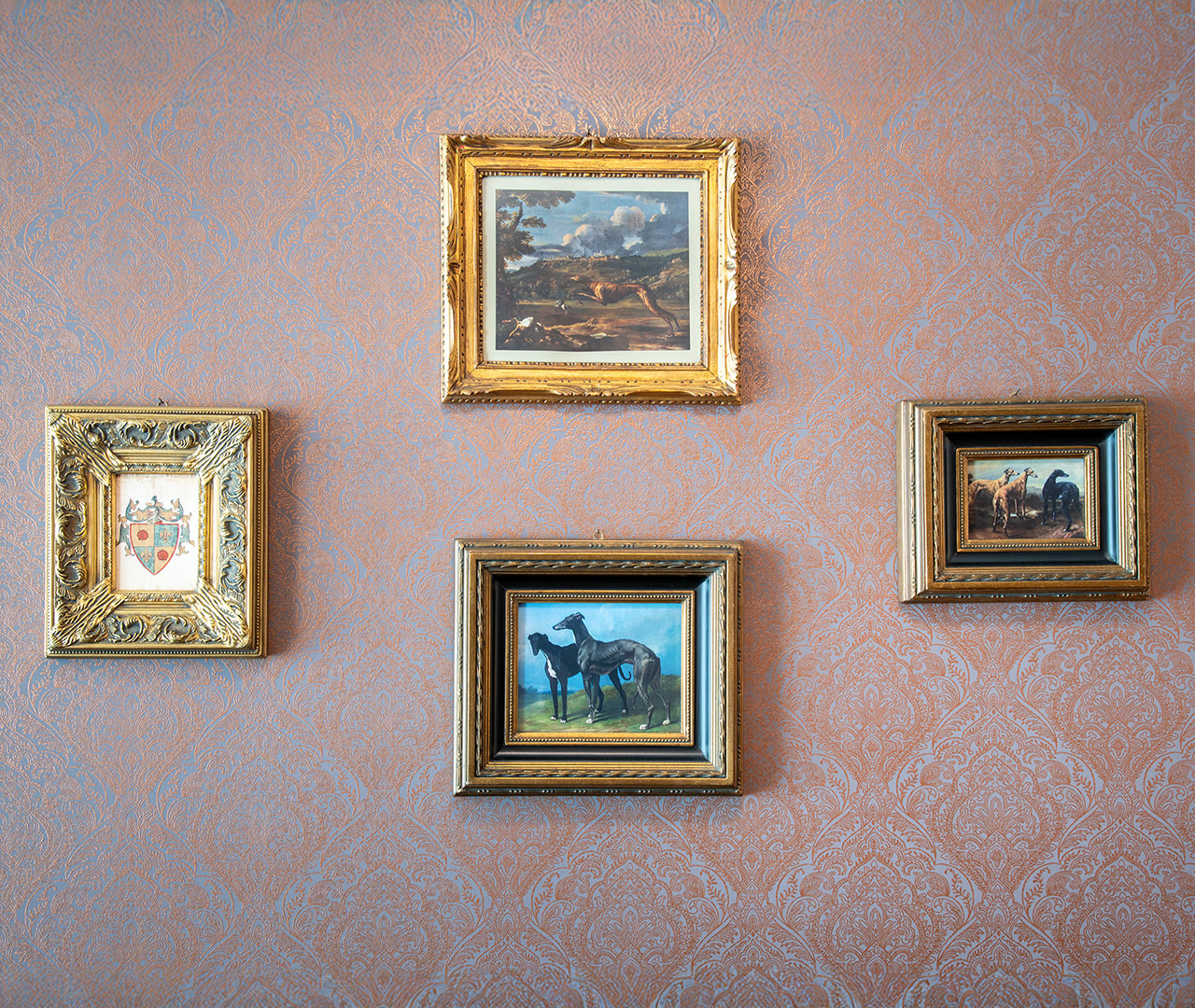 Quadri incorniciati in oro con scene e ritratti di cani su parete decorata della sala sigari.